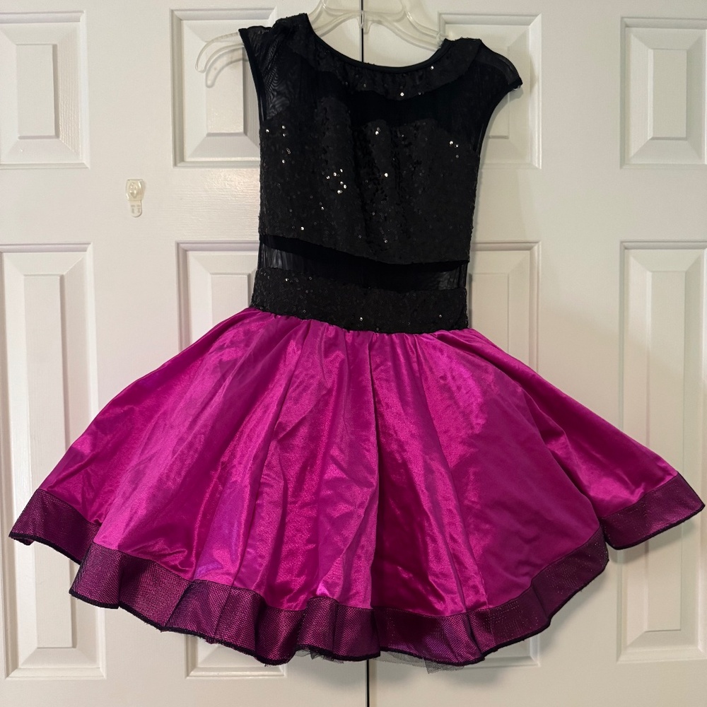 Black Sequin & Hot Pink Dance Dress – Cap Sleeve w/ Full Skirt
